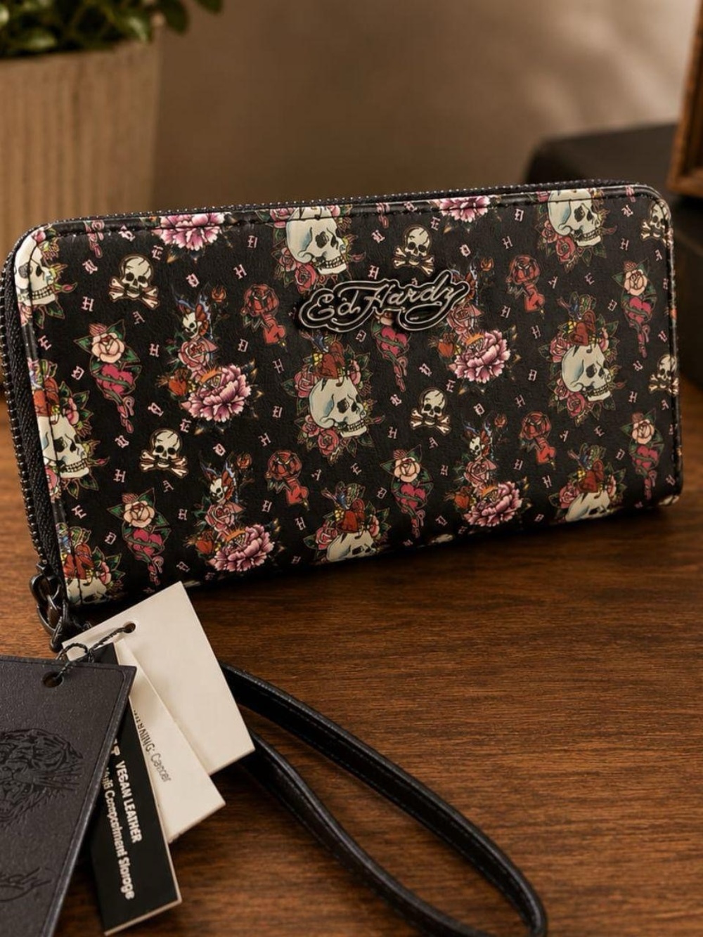 Ed Hardy Black Floral Skull Zip Wristlet Clutch with Pink Accents